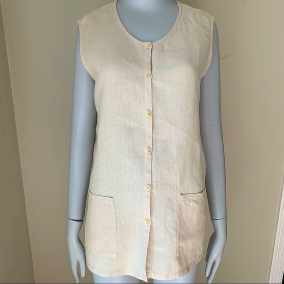 EILEEN FISHER 100% Linen Button Up Sleeveless Top Tunic Beige Sand Summer Size S - Picture 15 of 16